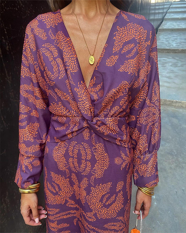 Nelly™ - Vintage V-Neck Long-Sleeve Elegant Dress