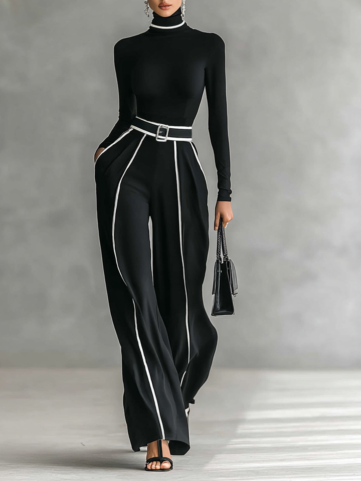 Two-piece set for women with a high-neck long-sleeve top, wide-leg pants, and belt