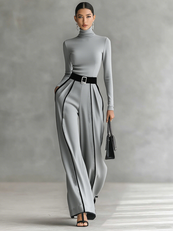 Two-piece set for women with a high-neck long-sleeve top, wide-leg pants, and belt