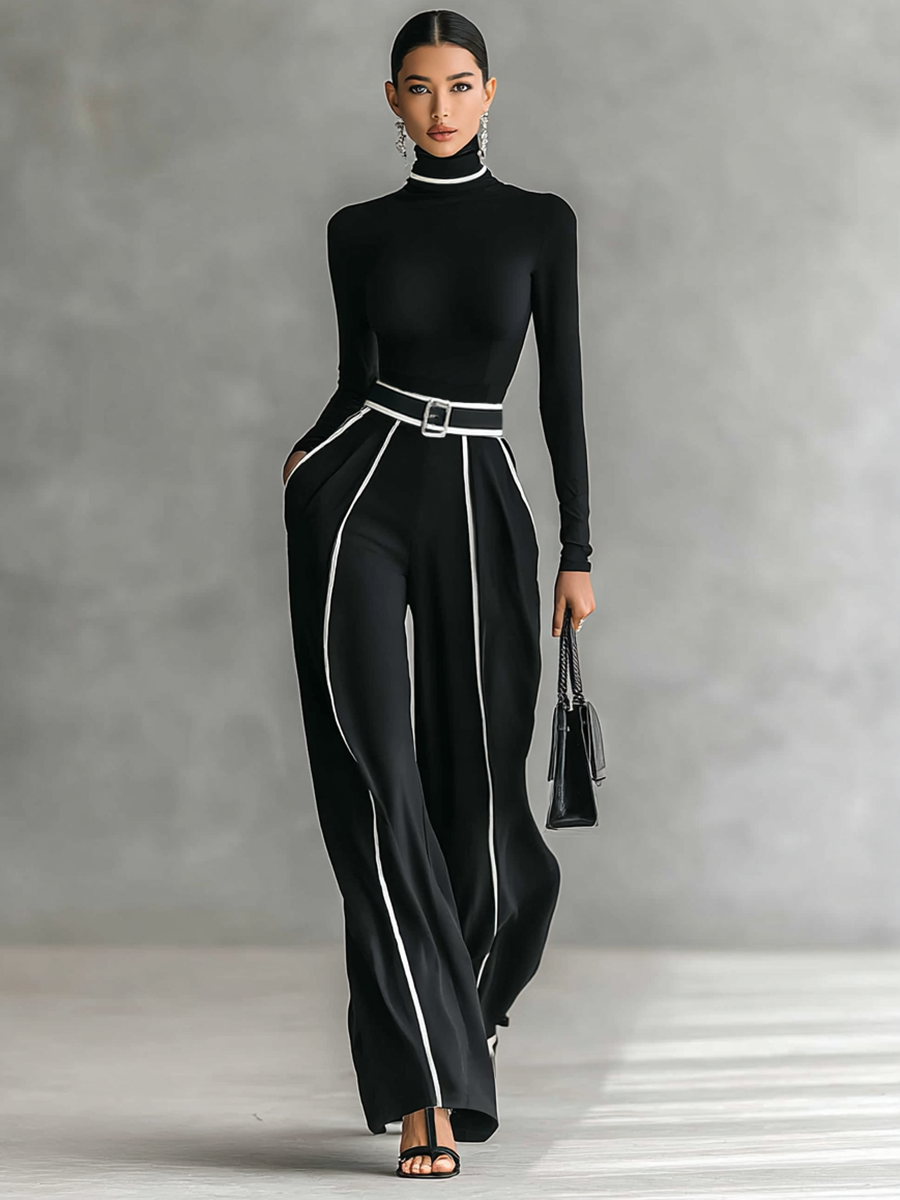Two-piece set for women with a high-neck long-sleeve top, wide-leg pants, and belt