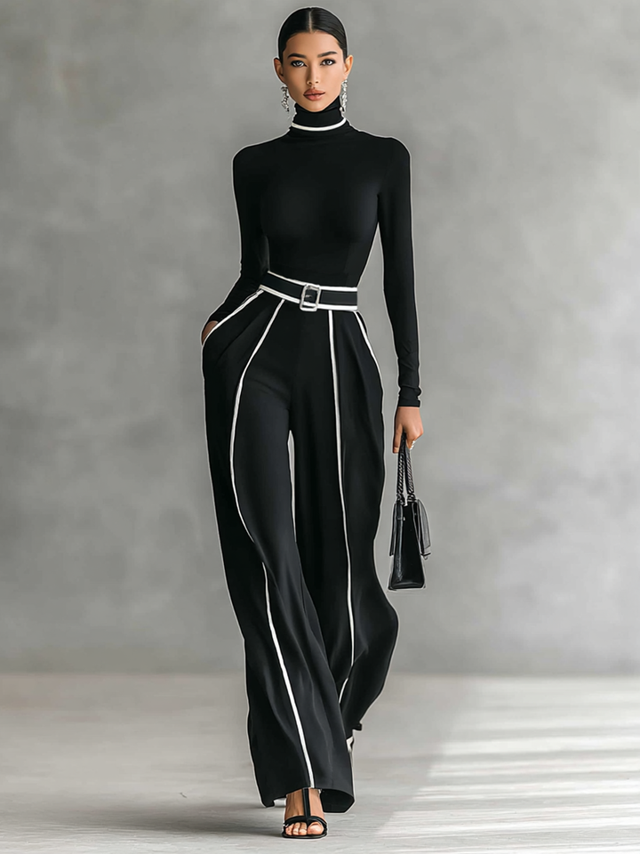 Two-piece set for women with a high-neck long-sleeve top, wide-leg pants, and belt