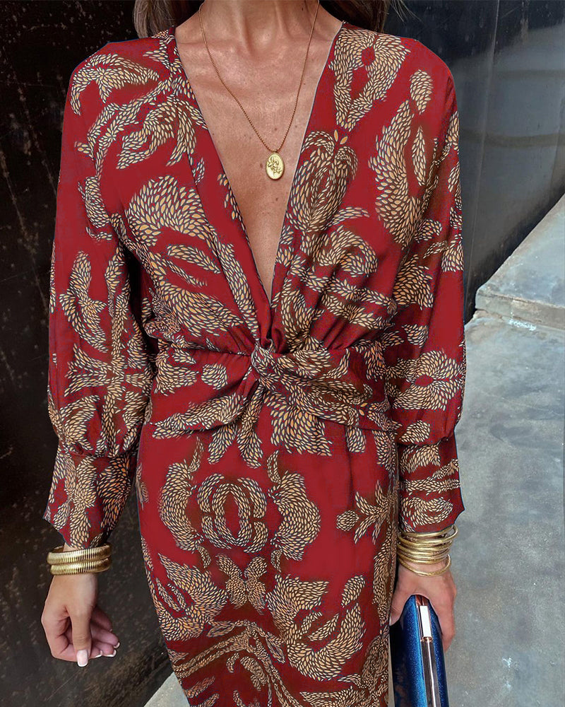Nelly™ - Vintage V-Neck Long-Sleeve Elegant Dress