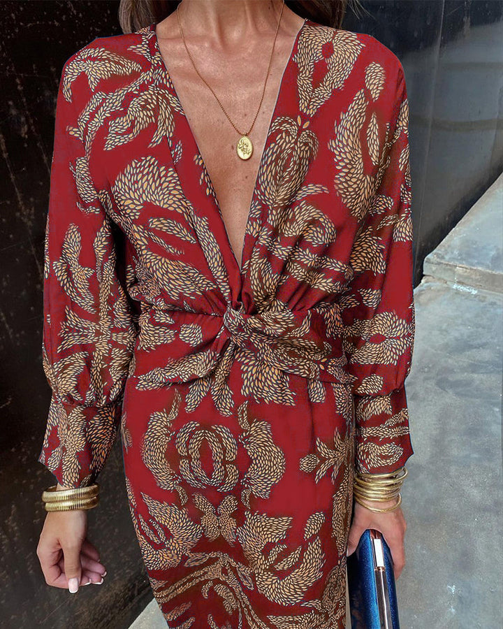 Nelly™ - Vintage V-Neck Long-Sleeve Elegant Dress