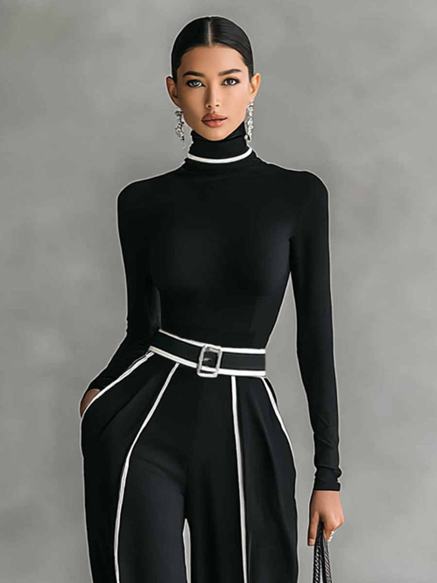 Two-piece set for women with a high-neck long-sleeve top, wide-leg pants, and belt