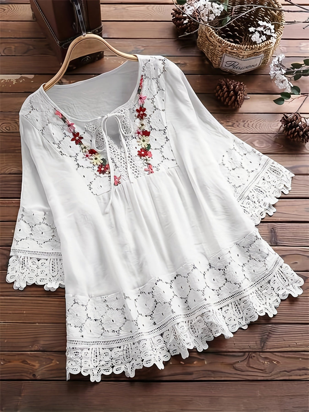Marinela™ - Lace Patchwork V-Neck Blouse