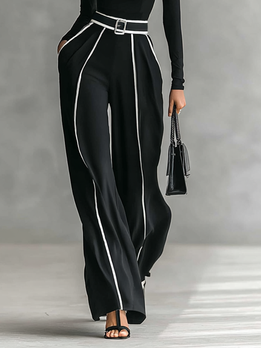 Two-piece set for women with a high-neck long-sleeve top, wide-leg pants, and belt