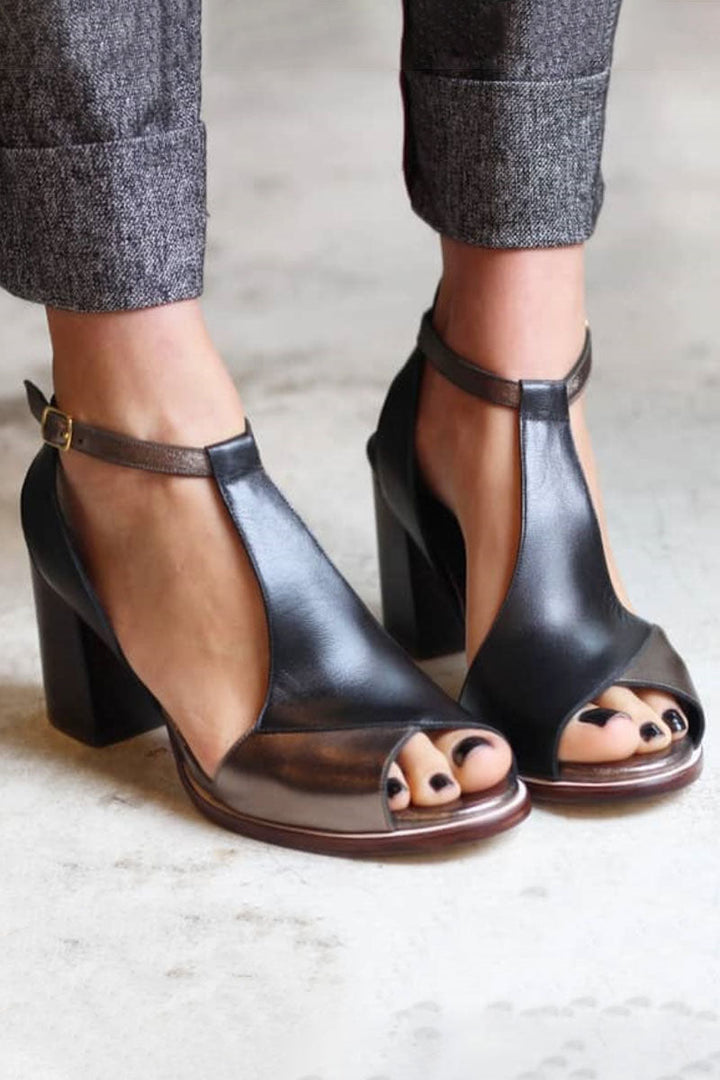 Anyao™ Elegant Heeled Sandals with Open Toe in Black Patchwork – Perfect for Any Occasion