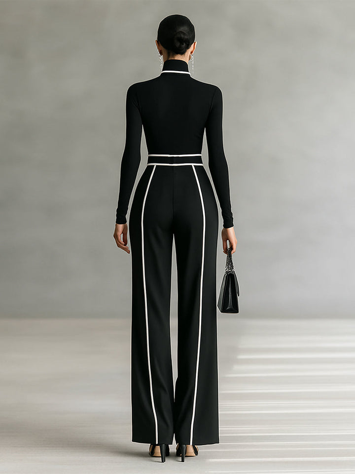 Two-piece set for women with a high-neck long-sleeve top, wide-leg pants, and belt