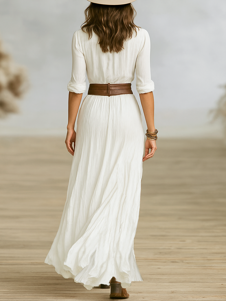 Women's Long Maxi Dress in Cotton and Linen with Lapel Collar