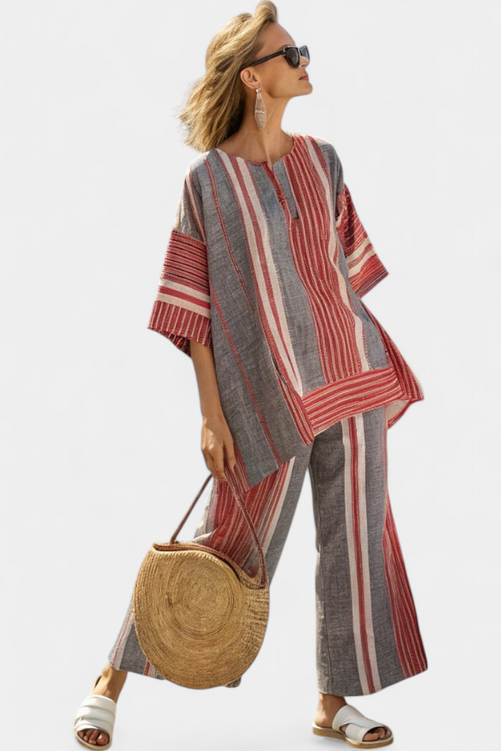 Complete Oversized Daisy in Linen with Coral and Grey Striped Flounce, Modern and Comfortable Style