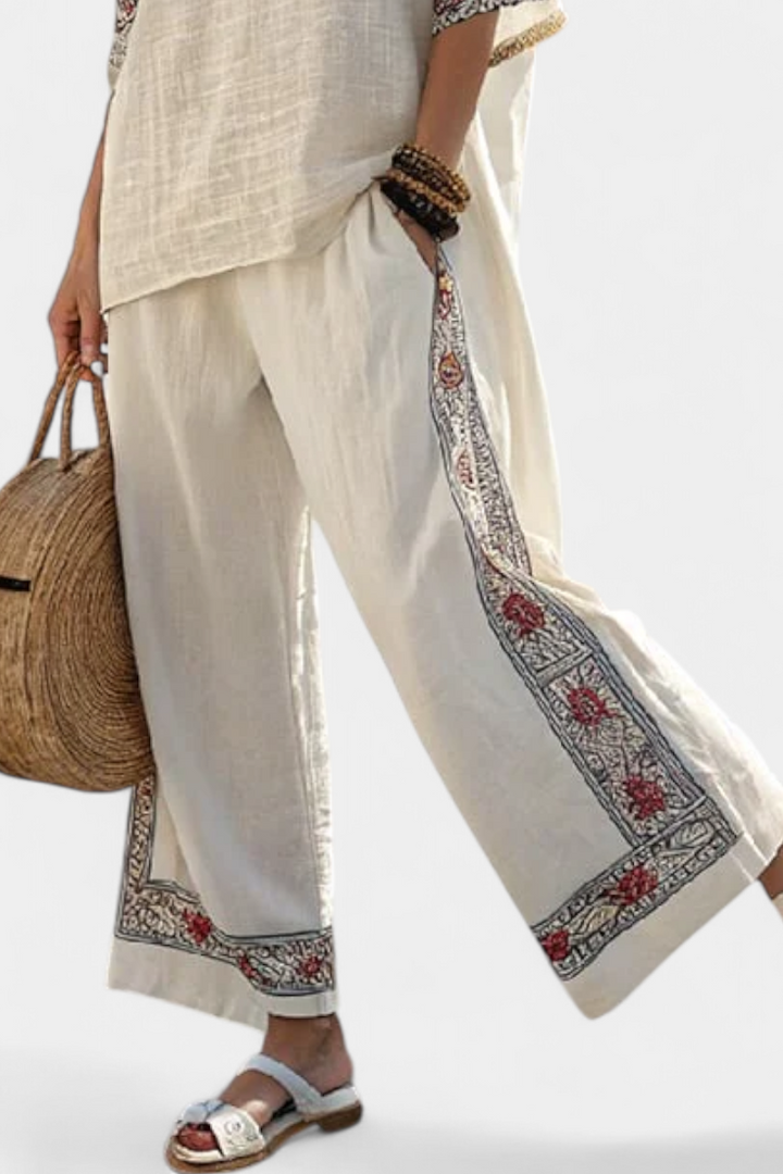 Mediterranean Daisy Outfit in Bamboo Linen with Elegant Red and Green Stripes