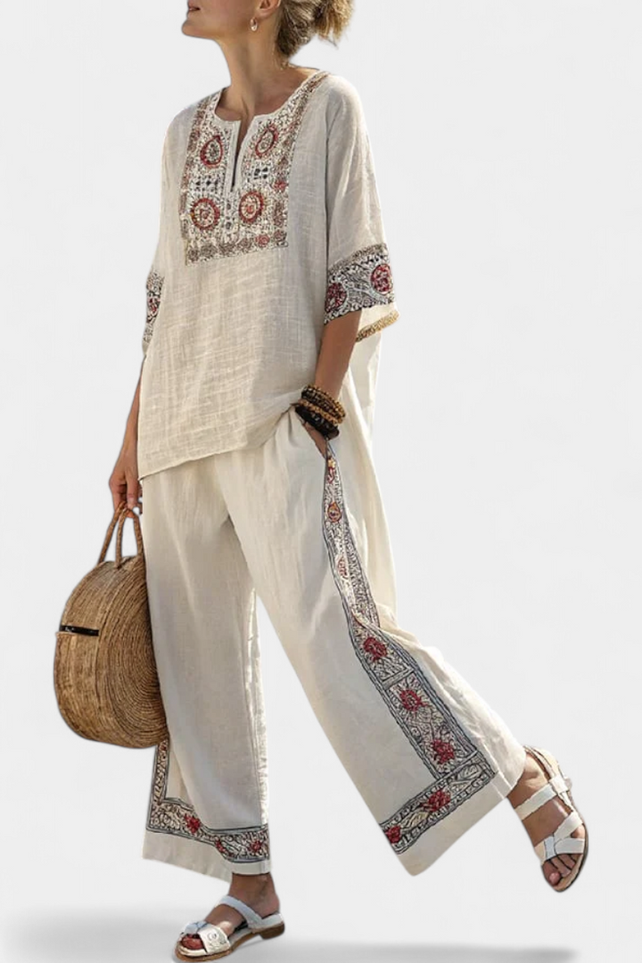 Mediterranean Daisy Outfit in Bamboo Linen with Elegant Red and Green Stripes
