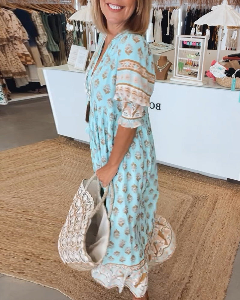 Claudia™ - Printed V-neck Half Sleeve Dress