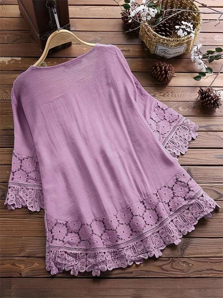 Marinela™ - Lace Patchwork V-Neck Blouse