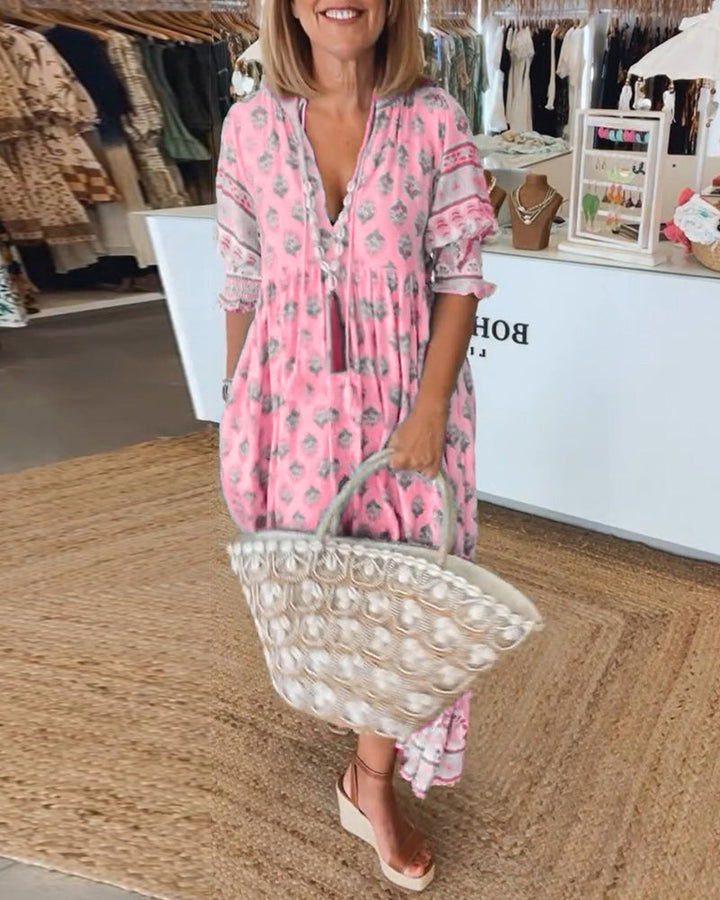 Claudia™ - Printed V-neck Half Sleeve Dress