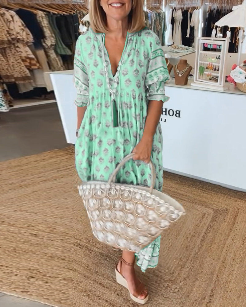 Claudia™ - Printed V-neck Half Sleeve Dress
