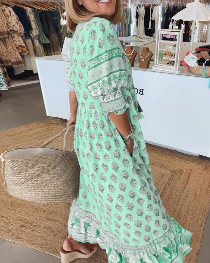 Claudia™ - Printed V-neck Half Sleeve Dress