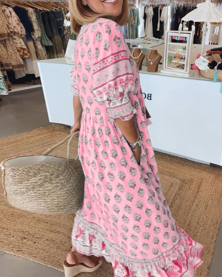 Claudia™ - Printed V-neck Half Sleeve Dress