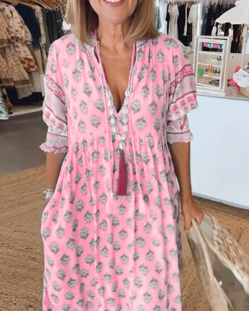 Claudia™ - Printed V-neck Half Sleeve Dress