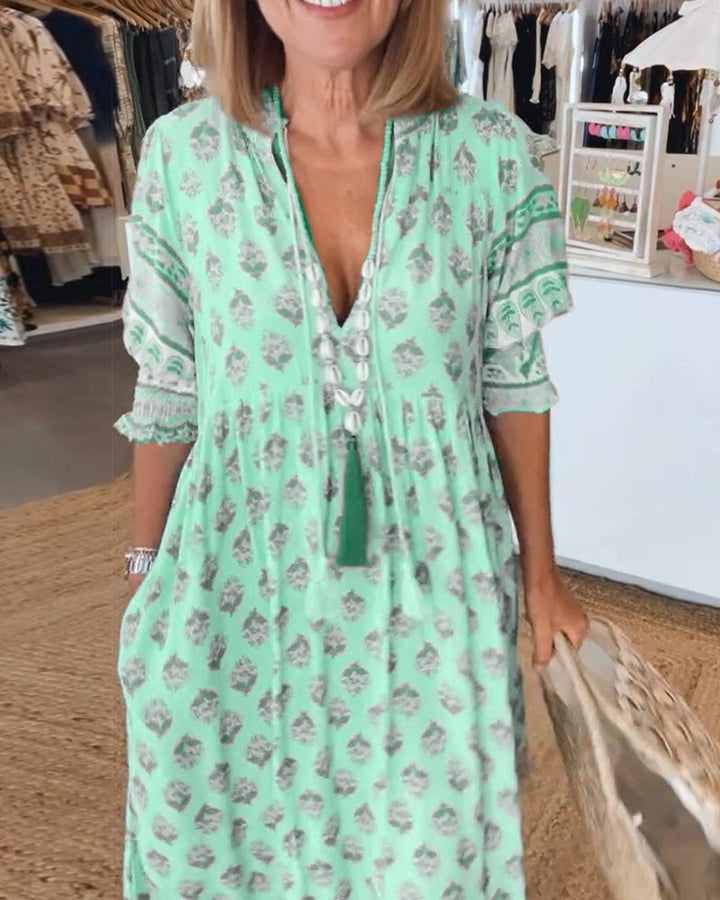 Claudia™ - Printed V-neck Half Sleeve Dress