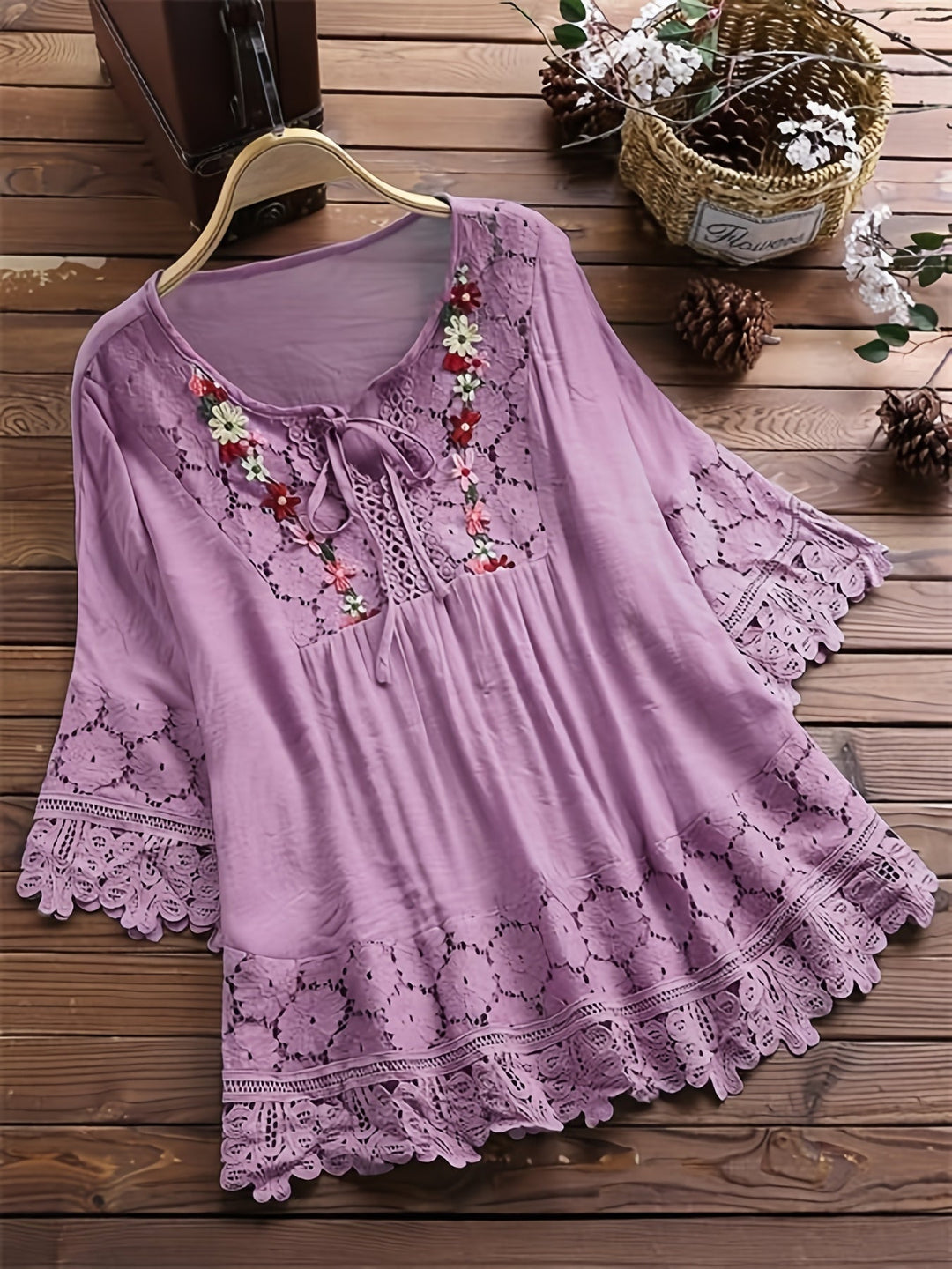 Marinela™ - Lace Patchwork V-Neck Blouse
