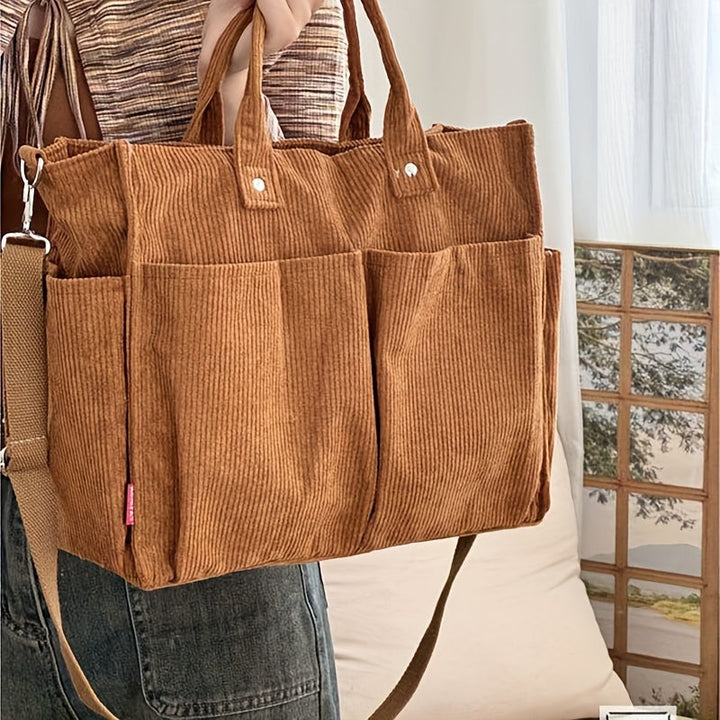 Corduroy Tote Bag with Pockets
