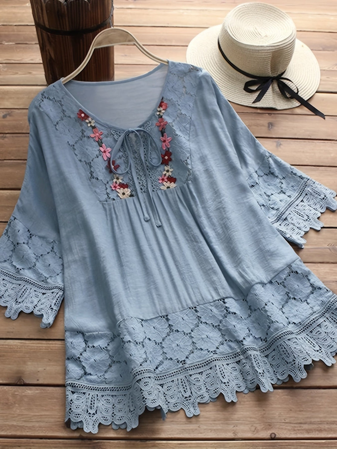Marinela™ - Lace Patchwork V-Neck Blouse