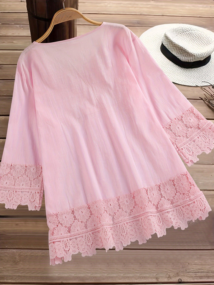 Marinela™ - Lace Patchwork V-Neck Blouse
