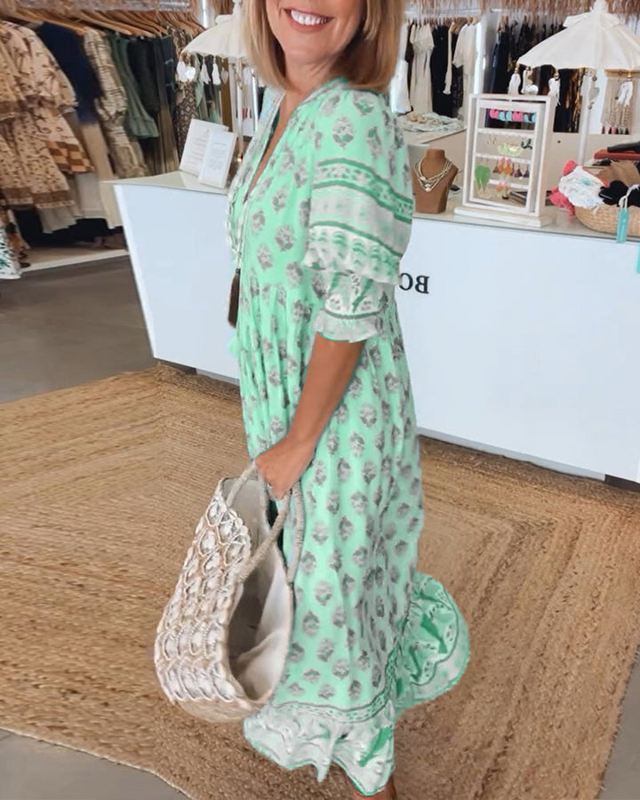 Claudia™ - Printed V-neck Half Sleeve Dress