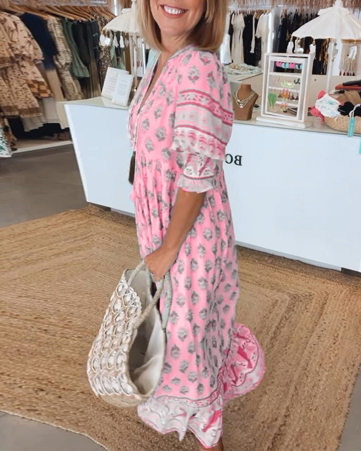 Claudia™ - Printed V-neck Half Sleeve Dress