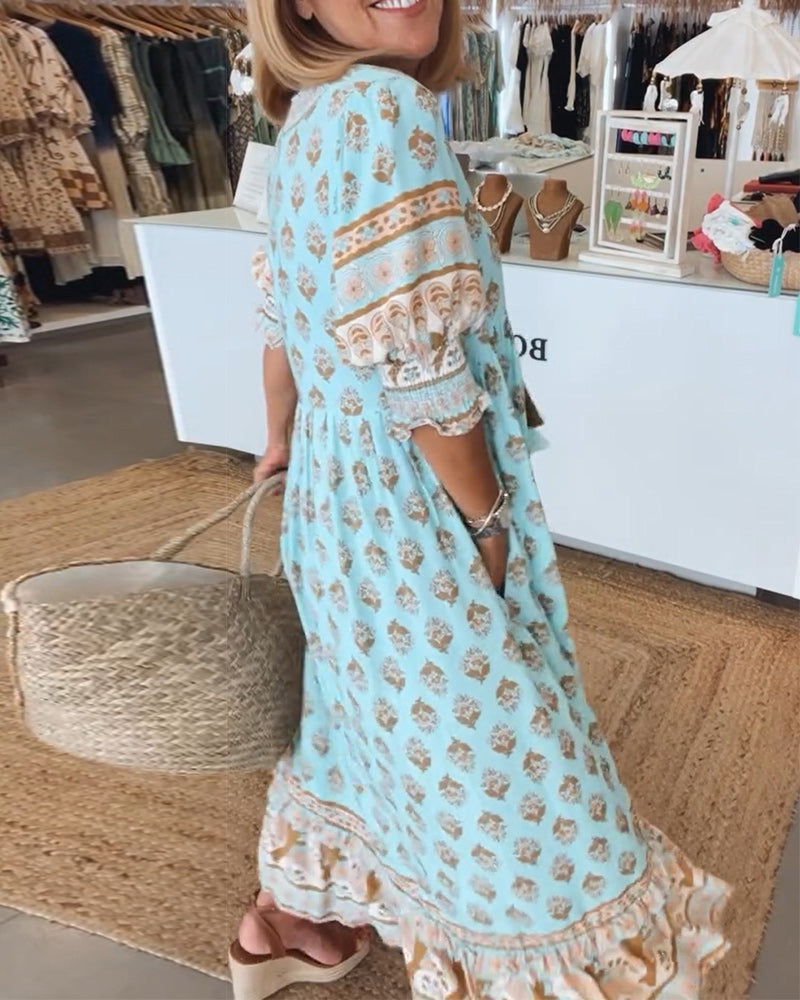 Claudia™ - Printed V-neck Half Sleeve Dress