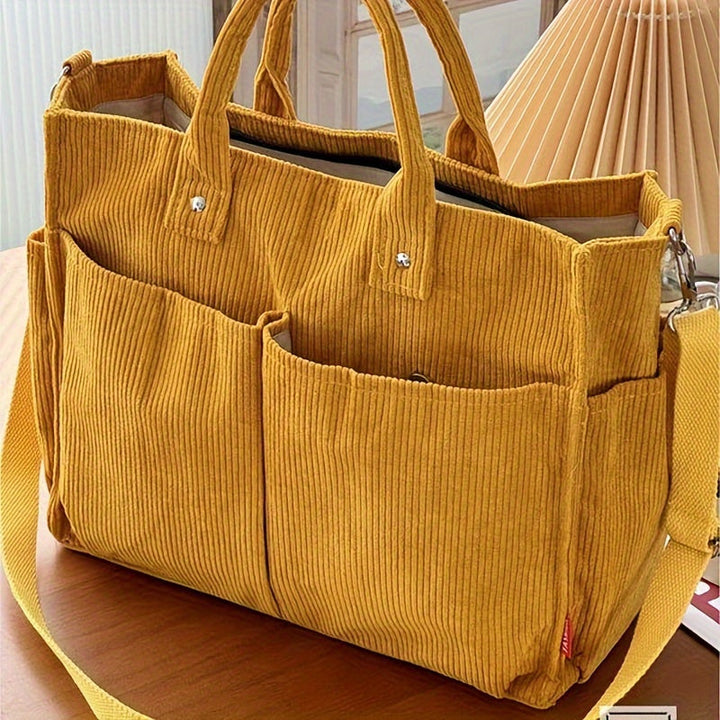 Corduroy Tote Bag with Pockets