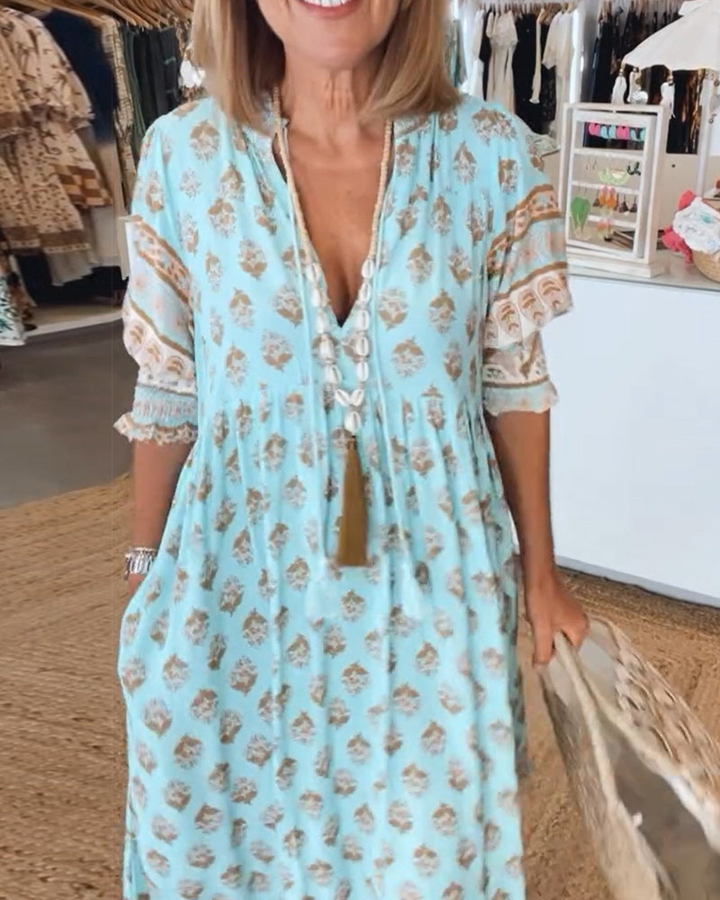Claudia™ - Printed V-neck Half Sleeve Dress