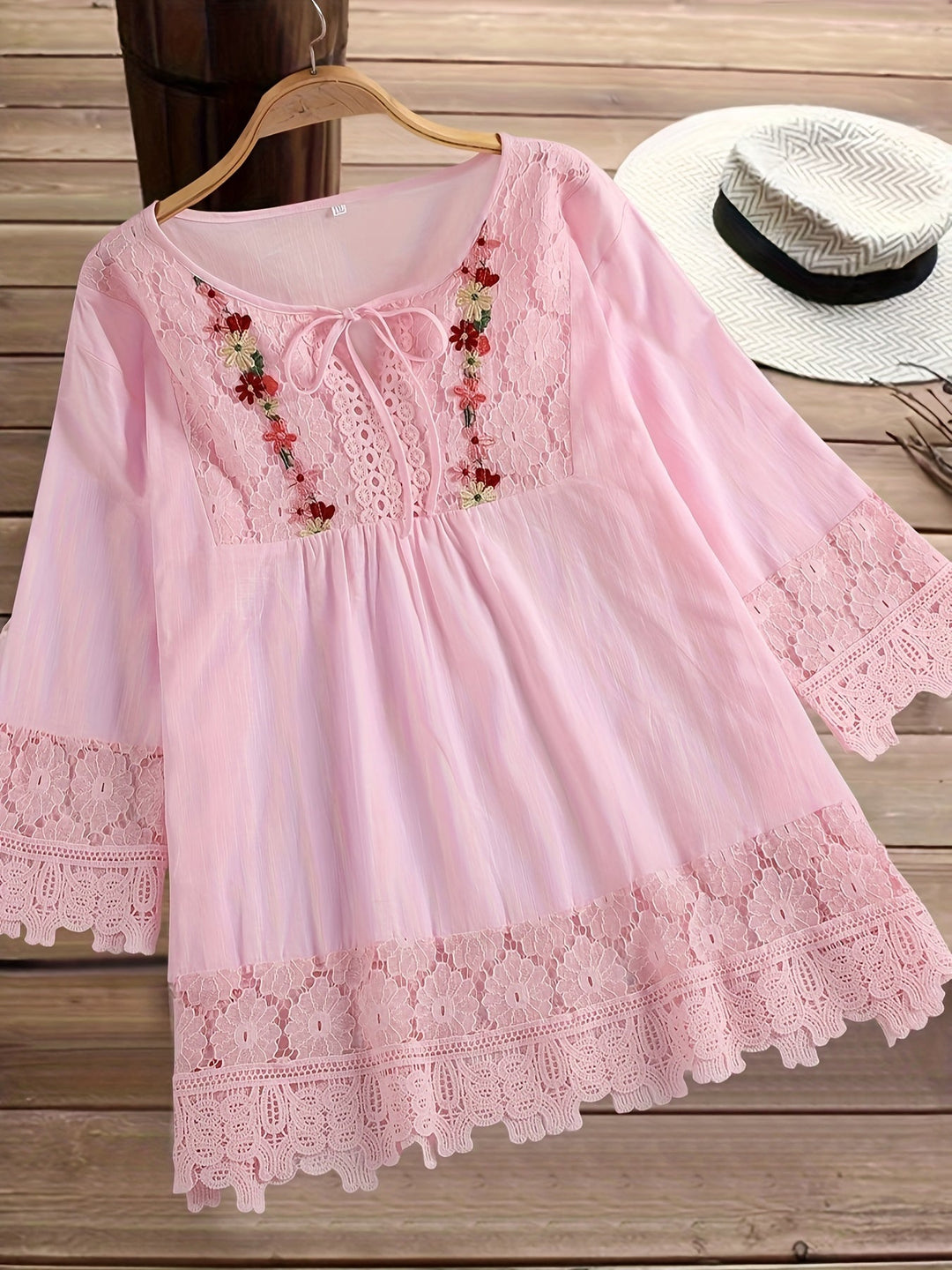 Marinela™ - Lace Patchwork V-Neck Blouse