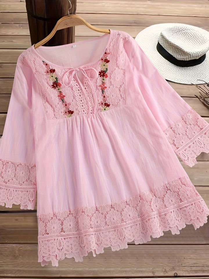 Marinela™ - Lace Patchwork V-Neck Blouse