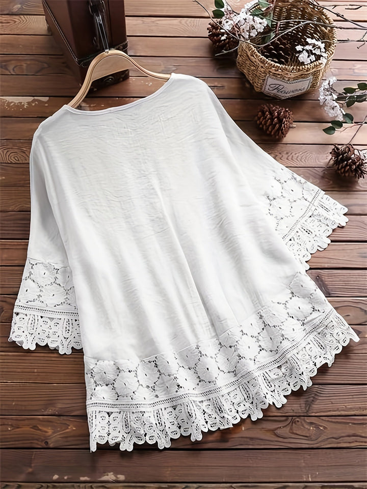 Marinela™ - Lace Patchwork V-Neck Blouse